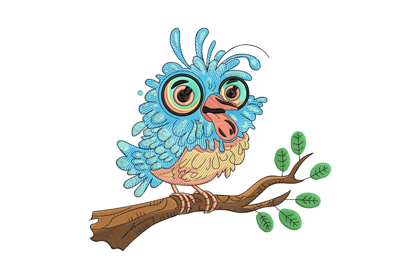 Cartoon owl on branch embroidery design, round yellow eyes and layered brown feather stitching, woodland bird style