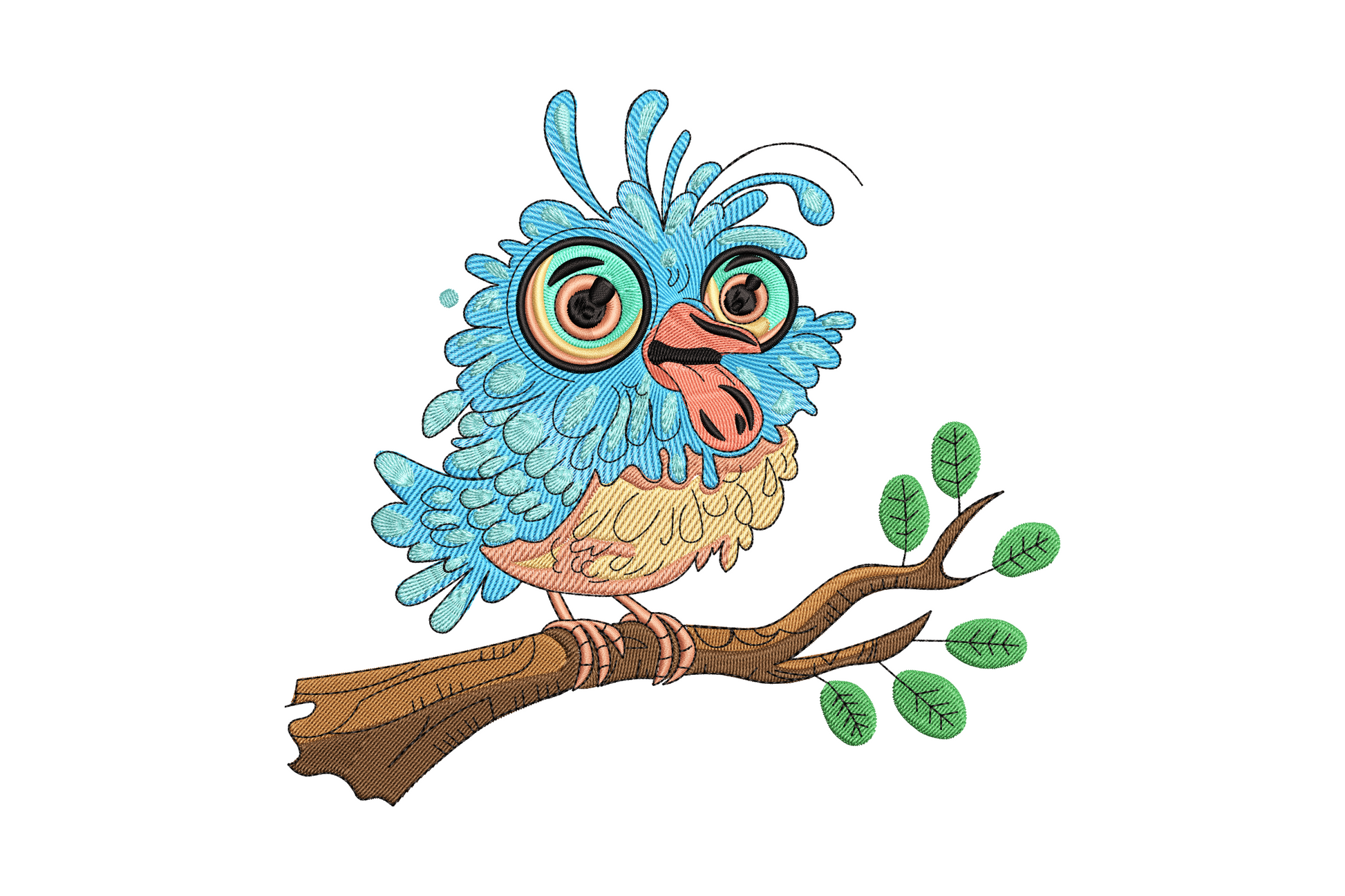 Cartoon owl on branch embroidery design, round yellow eyes and layered brown feather stitching, woodland bird style