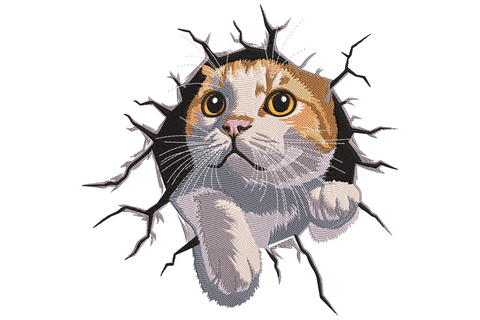 Cat breaking through wall embroidery design with calico cat face and paw emerging from cracked dark wall, golden amber eyes and charcoal crack lines.