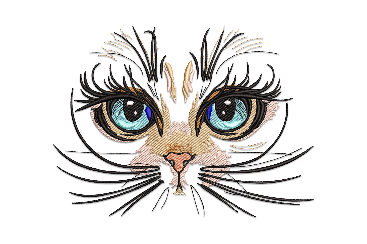 Cute cat eyes machine embroidery design with layered green irises, dark slit pupils, and curled lash detail on wide horizontal format