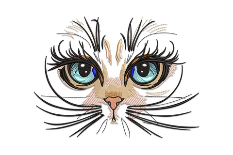 Cute cat eyes machine embroidery design with layered green irises, dark slit pupils, and curled lash detail on wide horizontal format