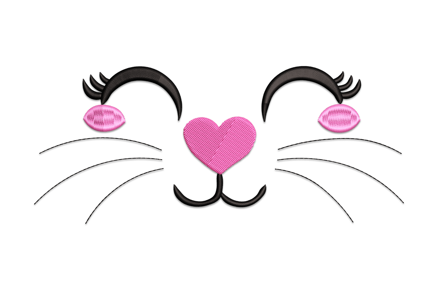 Round cute cat face embroidery with grey tabby fur, pink heart nose, big green eyes and pricked ears in soft cartoon style