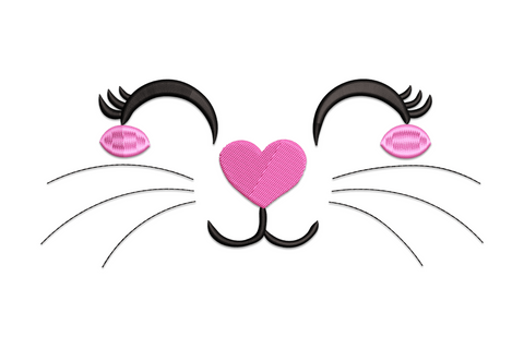Round cute cat face embroidery with grey tabby fur, pink heart nose, big green eyes and pricked ears in soft cartoon style