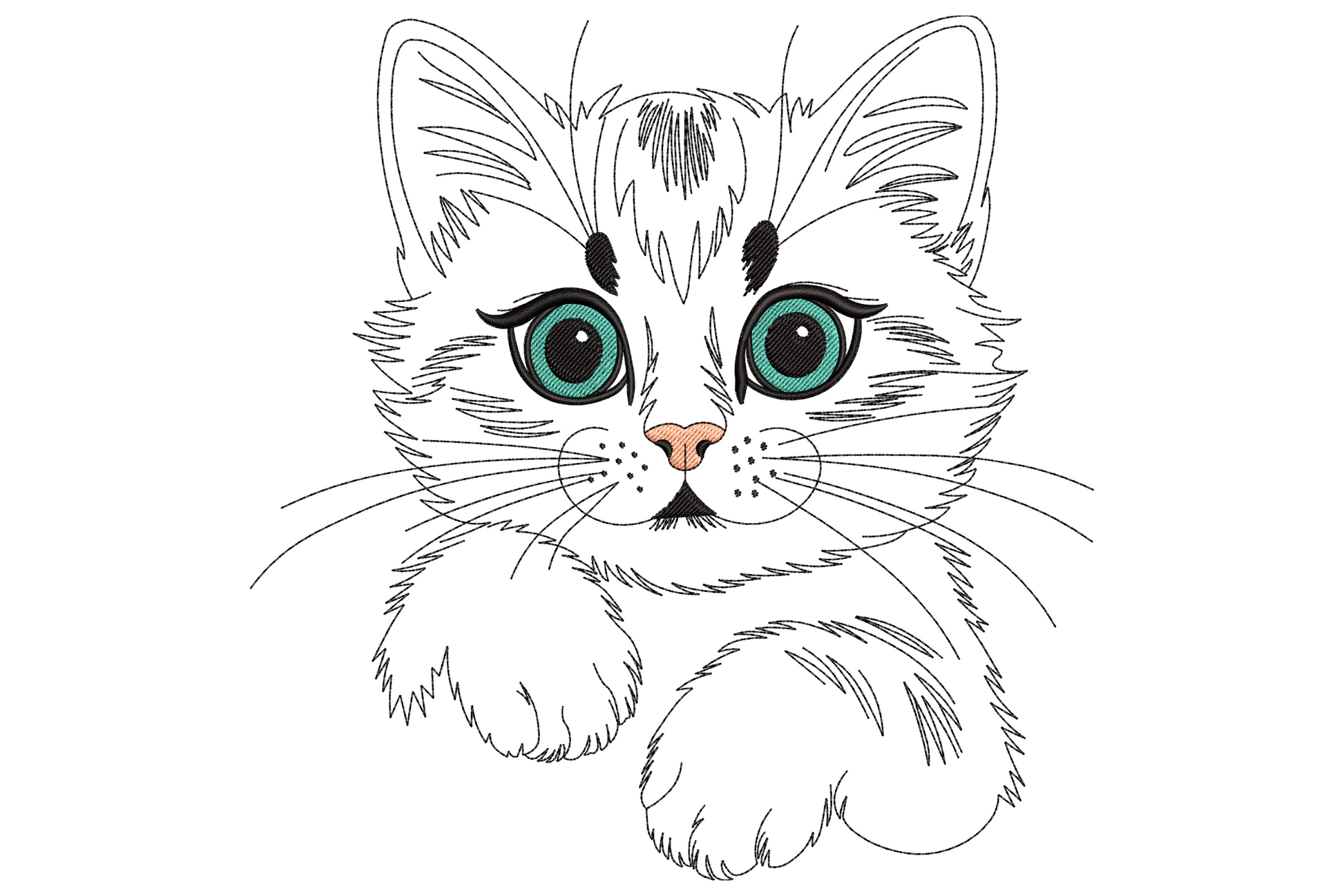 Simple cartoon cat face embroidery with round head, dot eyes, and whisker lines on white fabric
