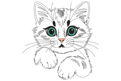 Simple cartoon cat face embroidery with round head, dot eyes, and whisker lines on white fabric
