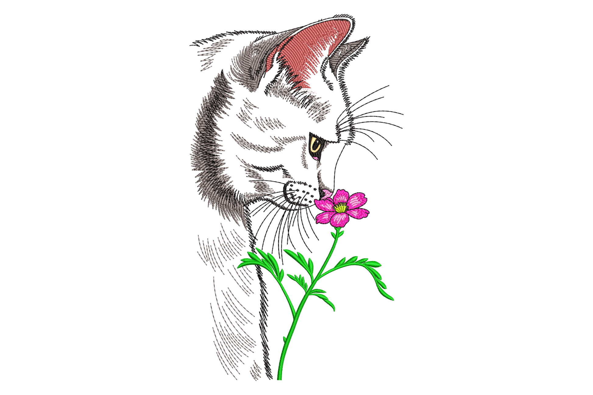 Cat flower embroidery design, sketch-style grey cat sniffing a single pink cosmos flower on a green stem, pencil-line illustration on white.