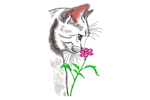 Cat flower embroidery design, sketch-style grey cat sniffing a single pink cosmos flower on a green stem, pencil-line illustration on white.