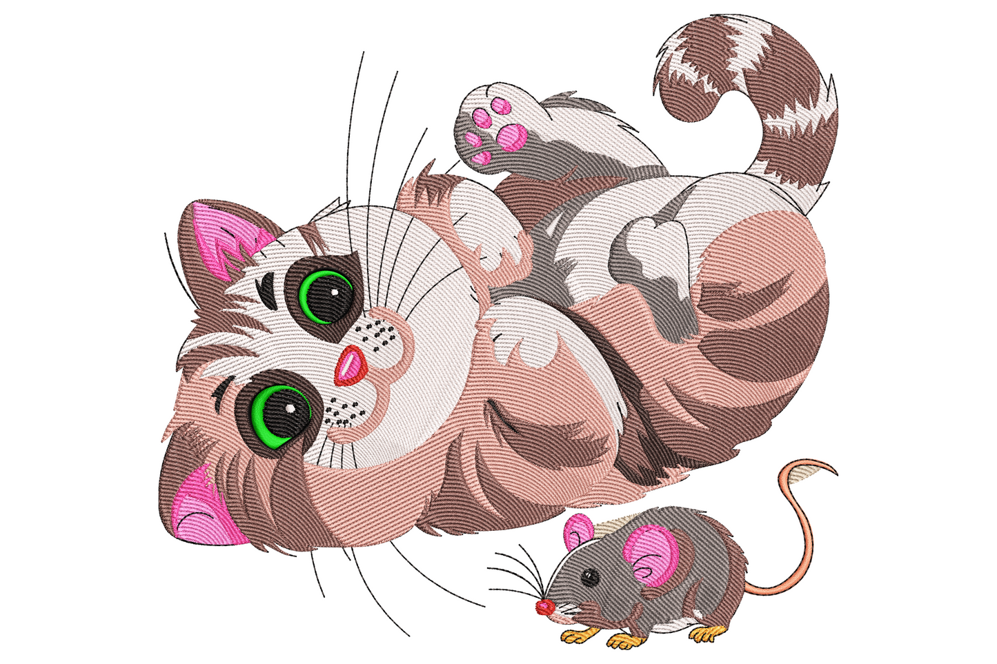 Cute tabby cat on its back playing with a tiny grey mouse, dusty pink stripes and bright green eyes embroidery design.