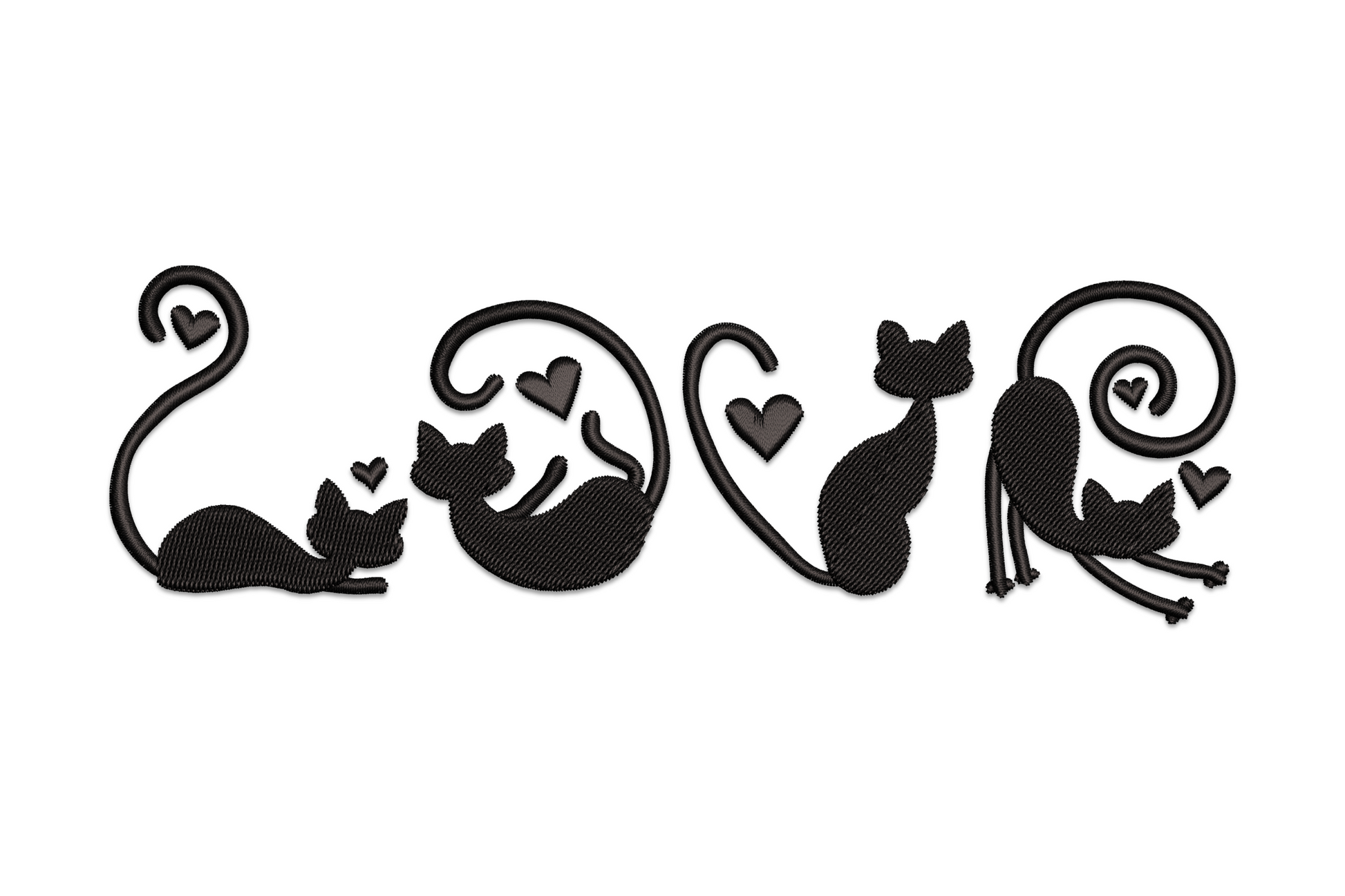 Cute cat silhouette love embroidery design, solid sitting cat with heart accent above head, simple single colour style