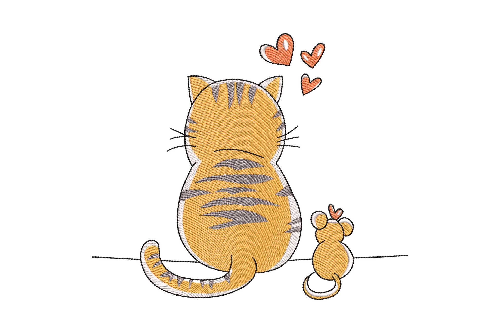 Kawaii cat and mouse love embroidery design, chibi cartoon style, 5 colours, cream orange grey and red heart