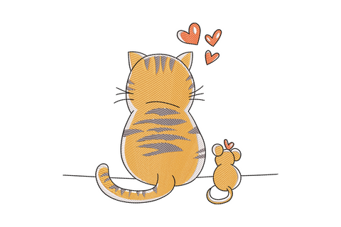 Kawaii cat and mouse love embroidery design, chibi cartoon style, 5 colours, cream orange grey and red heart