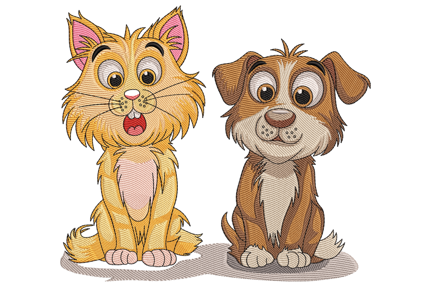 Cat and puppy friends embroidery design, ginger cartoon kitten and brown puppy sitting side by side, big cartoon eyes, 16 colours.