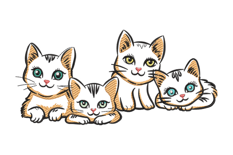 Four kittens embroidery design in a cozy cluster, sketch-cartoon style, two sitting up and two lounging, with teal eyes and ginger and white colouring.