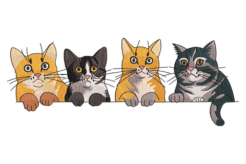 Embroidery design of four cats lined up peeking over a ledge, left to right a ginger tabby, black-and-white tuxedo, striped ginger, and grey tabby, all with round amber eyes and visible front paws.