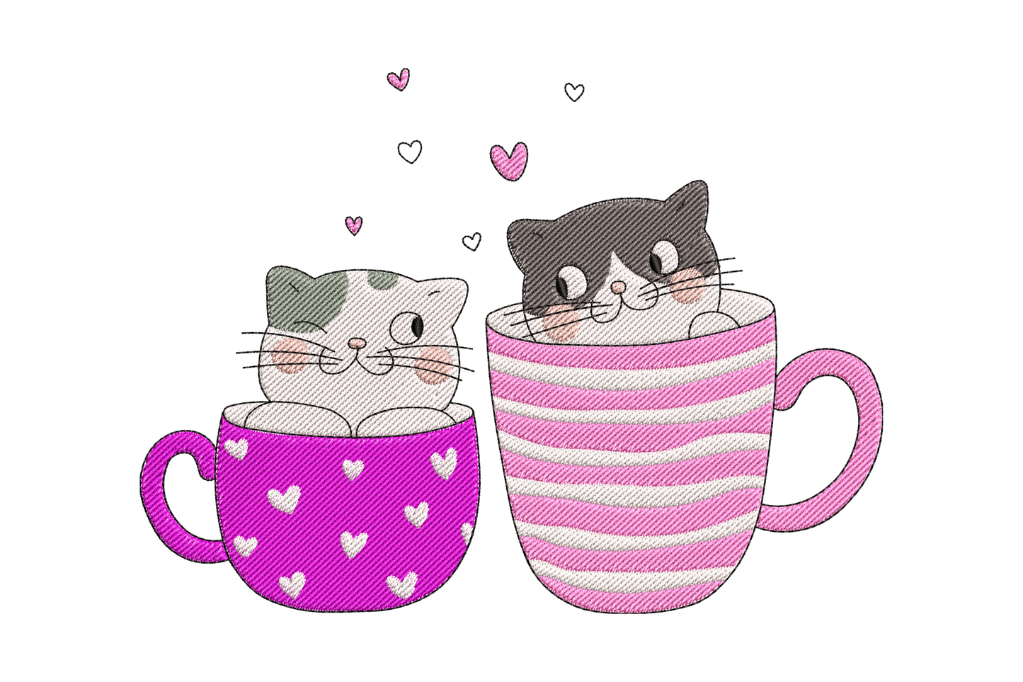 Three cats in teacups embroidery design with ginger tabby, silver gray, and tuxedo cats peeking from porcelain cups on blush pink tea towel fabric.