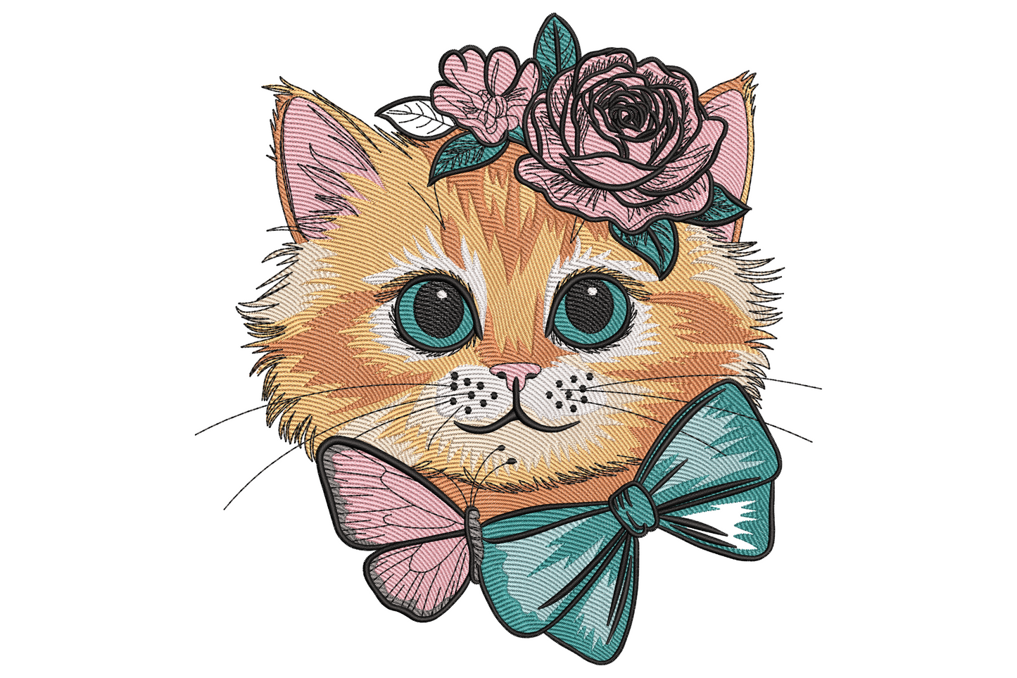 Ginger tabby kitten face embroidery with teal bow tie pink butterfly and a burgundy rose with pink bud on top of the head