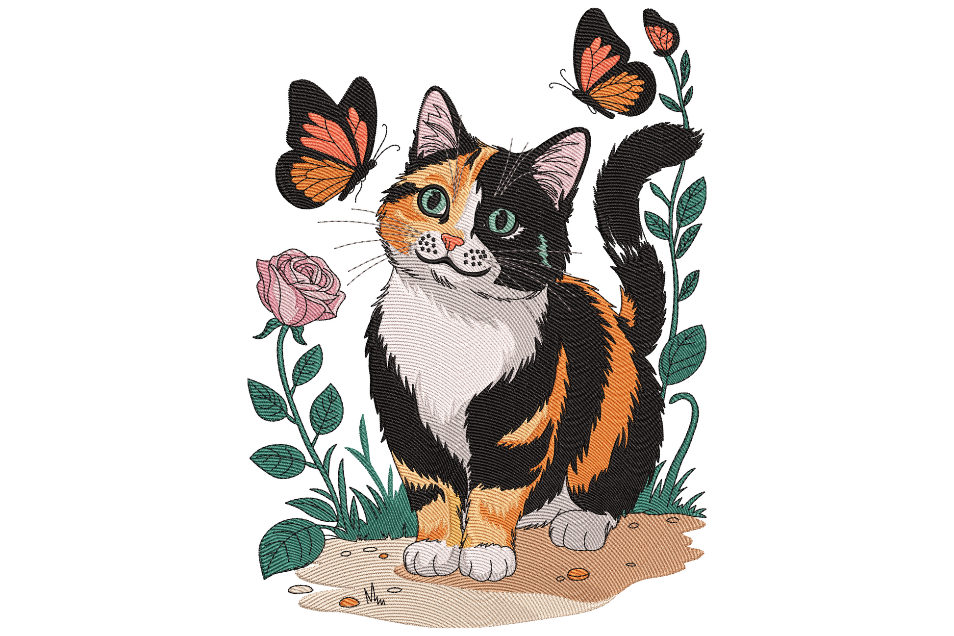 Calico cat gazing at monarch butterfly on a stem, pink rose and foliage, second butterfly near ear, 14 colors