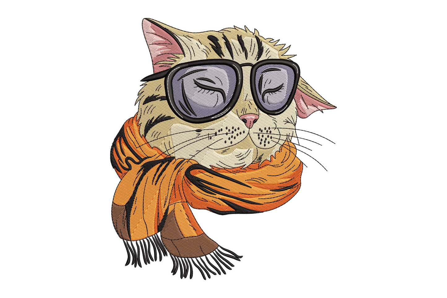 Cute cat with glasses embroidery design, forward-facing portrait with round frames and knowing expression, detailed fur in 11 colours