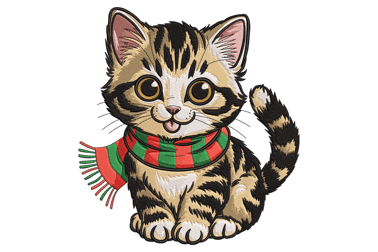 Tabby kitten with red and green striped winter scarf and fringe, big amber eyes and pink tongue, sitting upright embroidery design