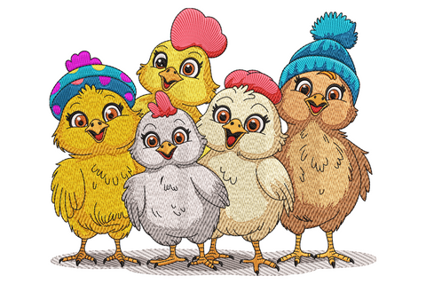 Machine embroidery design of cute baby chick friends grouped together, fluffy butter-yellow cartoon style with grass accents, 9 sizes up to 7.50 inches