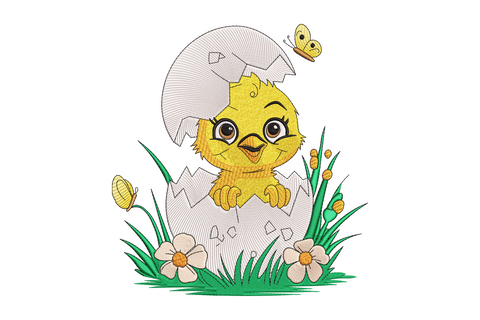 Baby chick hatching from cracked egg embroidery design, cartoon style with yellow chick and open beak, 5 sizes