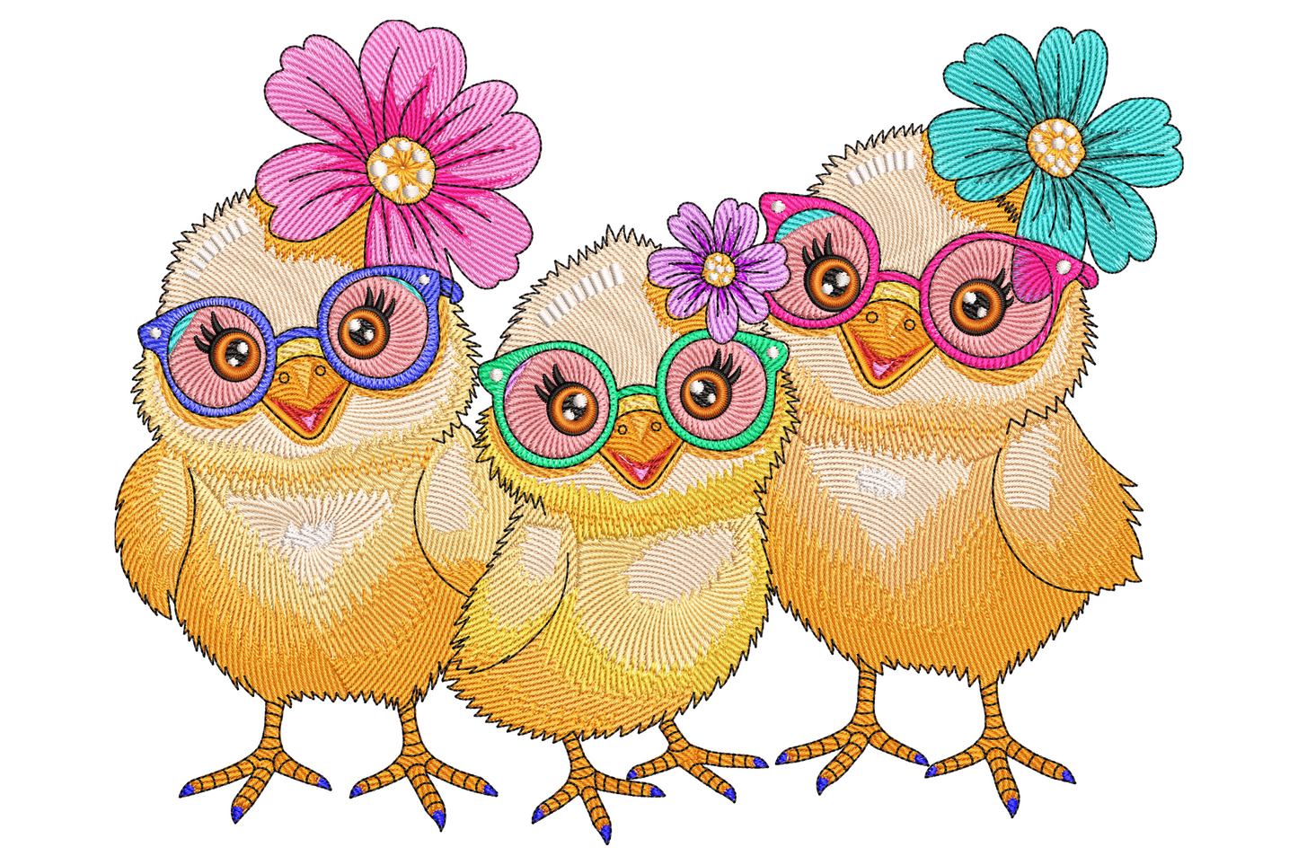 Cute chick trio embroidery with 3 fluffy yellow baby chicks wearing colourful glasses and flower hair accessories.