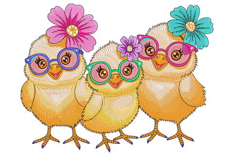Cute chick trio embroidery with 3 fluffy yellow baby chicks wearing colourful glasses and flower hair accessories.