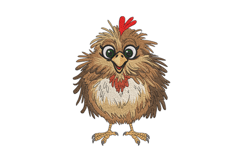 Cute cartoon chicken embroidery with round fluffy brown body, oversized googly eyes, tiny red comb and white belly standing on skinny yellow clawed feet
