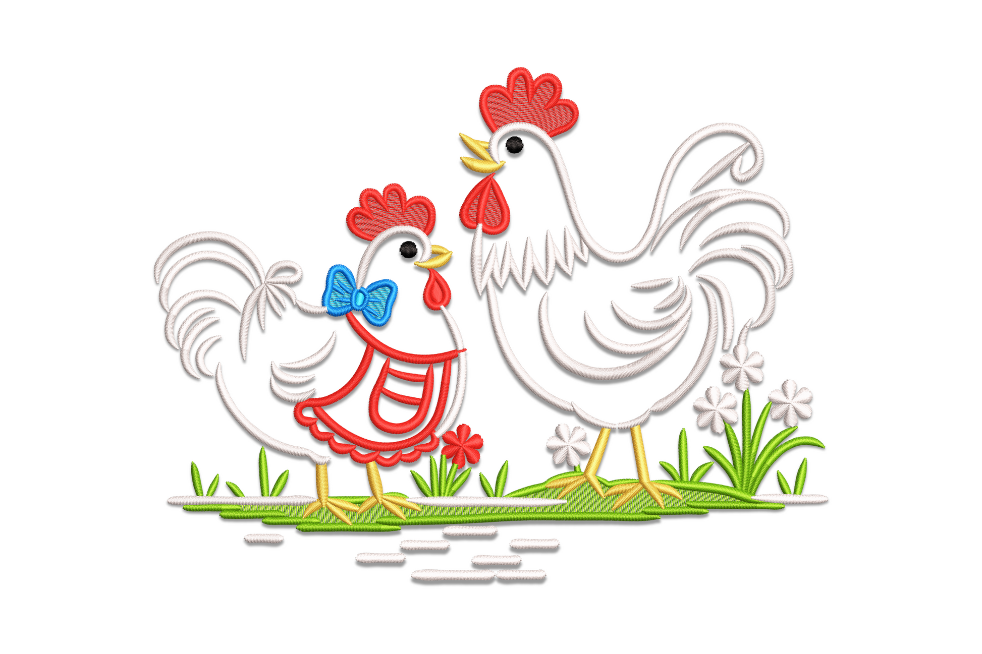 Embroidery design of a rooster and hen facing each other on a green grass strip with white flowers. Hen wears a red ruffle dress and blue bow.