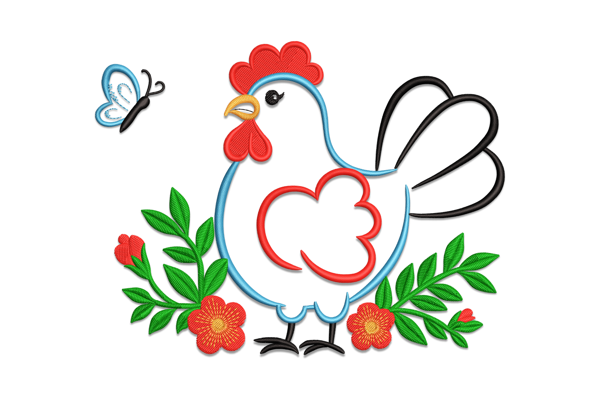 Cute chicken with flowers embroidery design, folk-art hen in blue with red blooms and green leaf stems, shown on natural fabric.