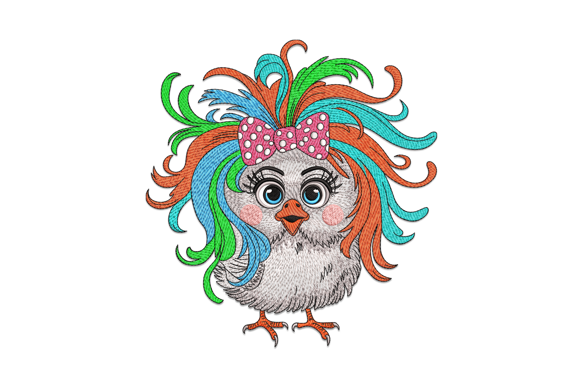Cute chick with rainbow hair embroidery, round fluffy yellow chick with multicolour rainbow puff hair, big eyes, 9 colour kids design