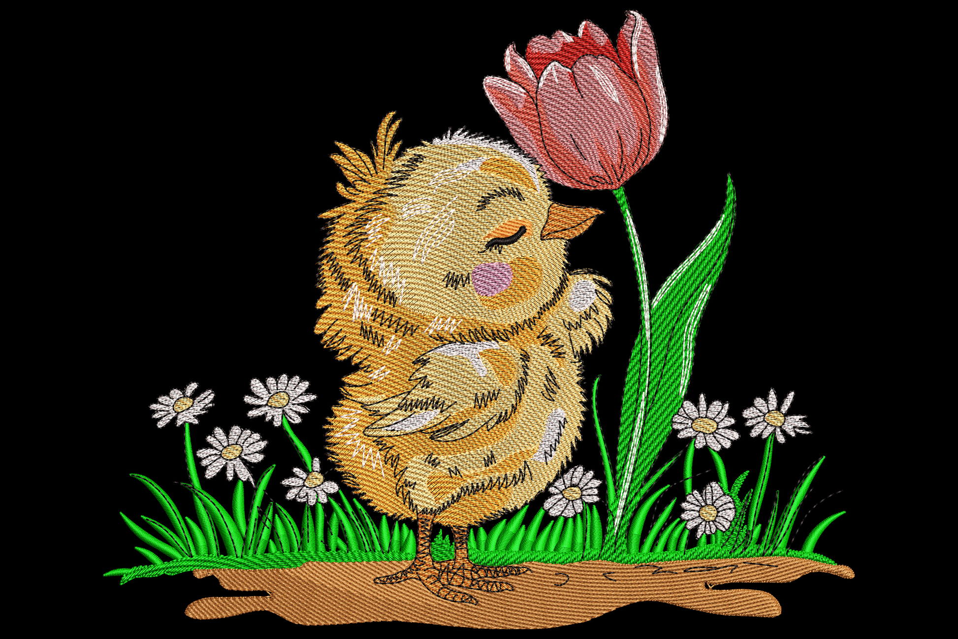 Cute easter chick embroidery, fluffy yellow chick sniffing a pink tulip with white daisies and green grass on brown soil.