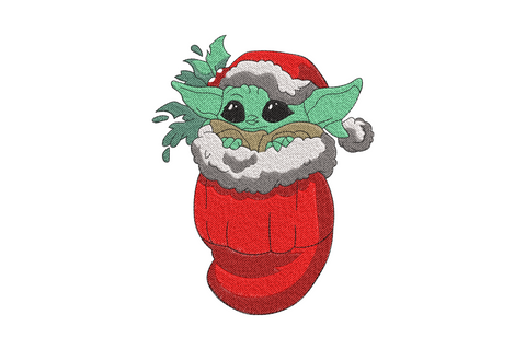 Kawaii green alien with big black eyes sitting in a red Christmas stocking, wearing a tiny Santa hat with holly, embroidery design