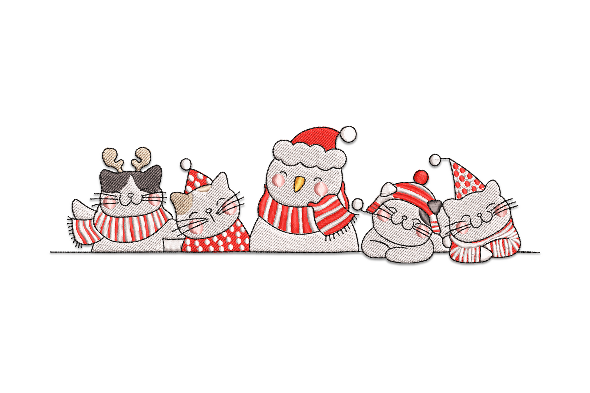 Machine embroidery border design with five Christmas animals in holiday hats and scarves, sketchy cartoon style in 8 colours.