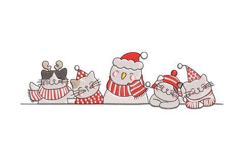 Machine embroidery border design with five Christmas animals in holiday hats and scarves, sketchy cartoon style in 8 colours.