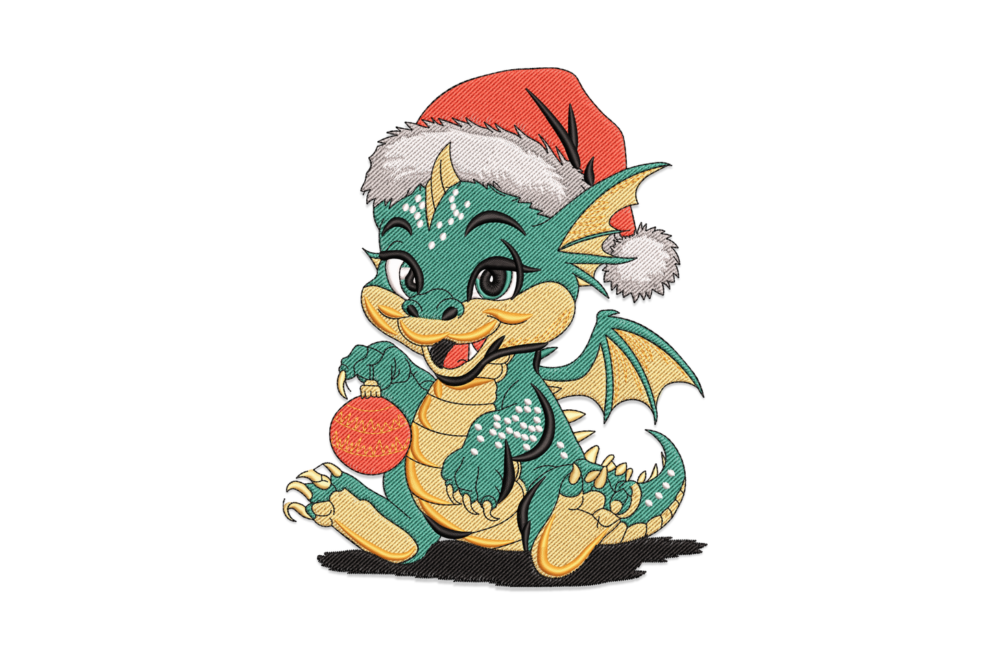 Baby dragon santa hat machine embroidery design, jade green scales, crimson hat, cream pompom trim, chubby wings.