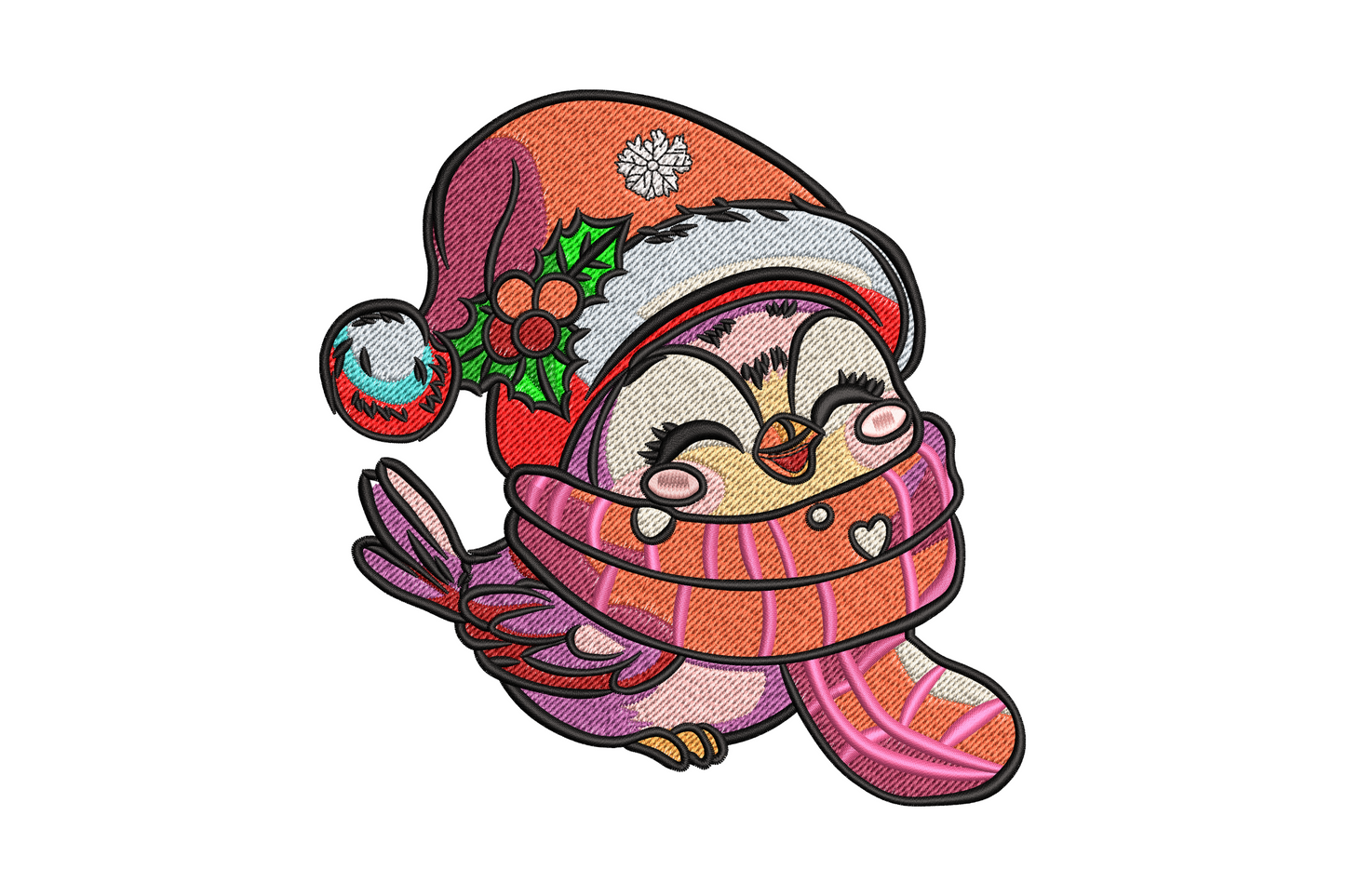Round cartoon bird wearing a red santa hat perched on a snowy branch, kawaii style christmas embroidery with big round eyes