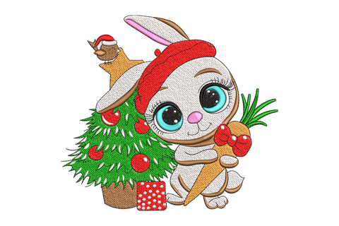 Christmas bunny embroidery design, cartoon rabbit in red santa hat, 8 colours, 5 sizes from 3.16 to 6.76 inches wide.