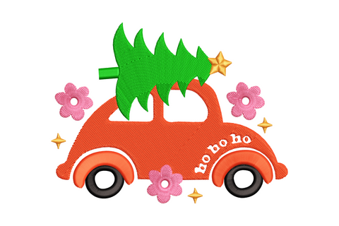 Christmas car embroidery design with red retro bug car, green tree on roof, pink daisies and ho ho ho text in 5 colors