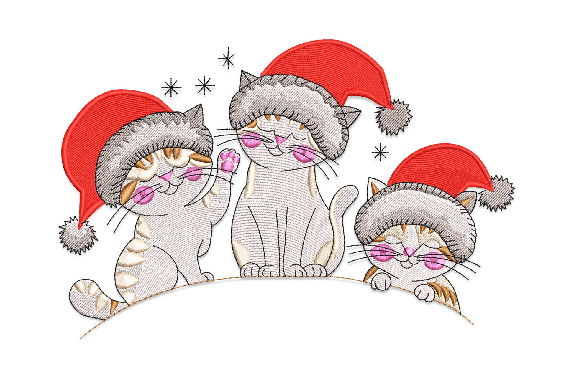 Two cartoon Christmas cats wrapped in colourful string lights and red bows, holiday cat embroidery design, 7 colours, 5 sizes from 2.3 to 4.9 inches wide