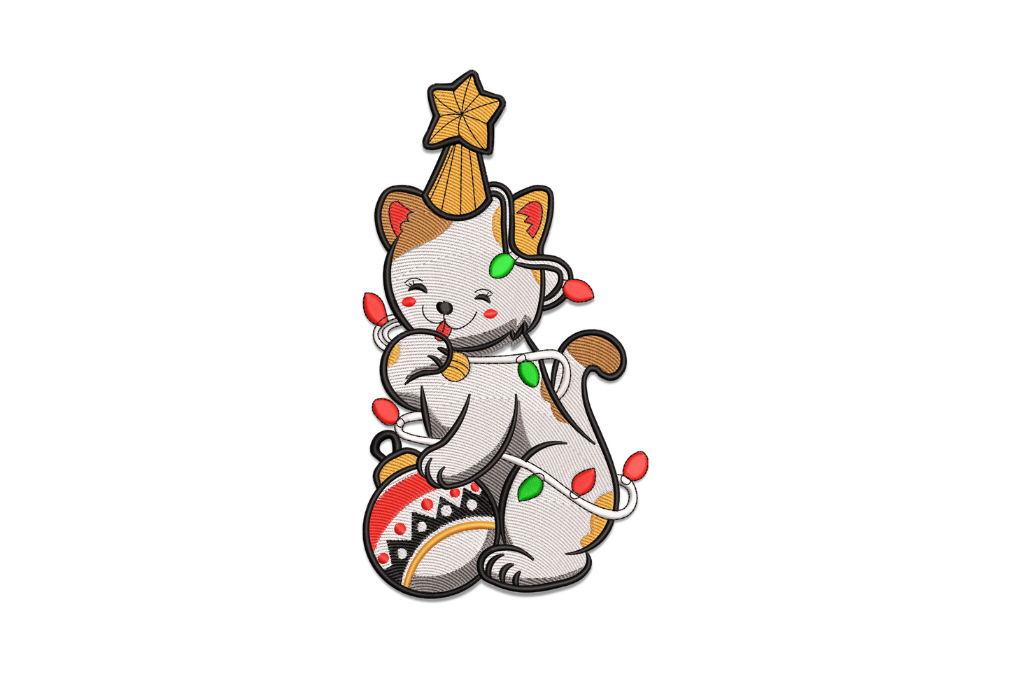 Christmas cat with lights embroidery design showing a cheeky grey tabby wrapped in a multicolour string of holiday bulbs with one paw raised.