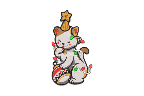 Christmas cat with lights embroidery design showing a cheeky grey tabby wrapped in a multicolour string of holiday bulbs with one paw raised.