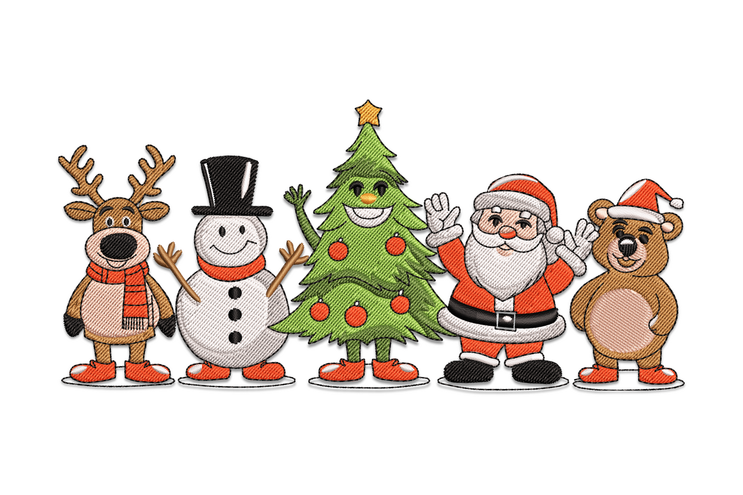 Christmas character friends embroidery design showing Santa, snowman, elf and reindeer in a tall cartoon lineup with colourful detail.