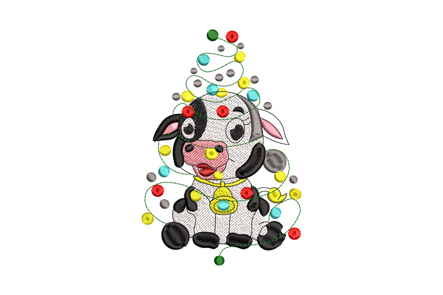 Christmas cow in lights embroidery, round baby cow wrapped in string lights, 9 colours, 3 sizes 3.51-5.51 inches