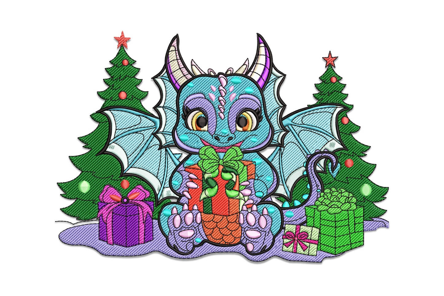 Christmas dragon embroidery design sitting with gifts and trees in teal and periwinkle, 28-colour fantasy holiday machine embroidery