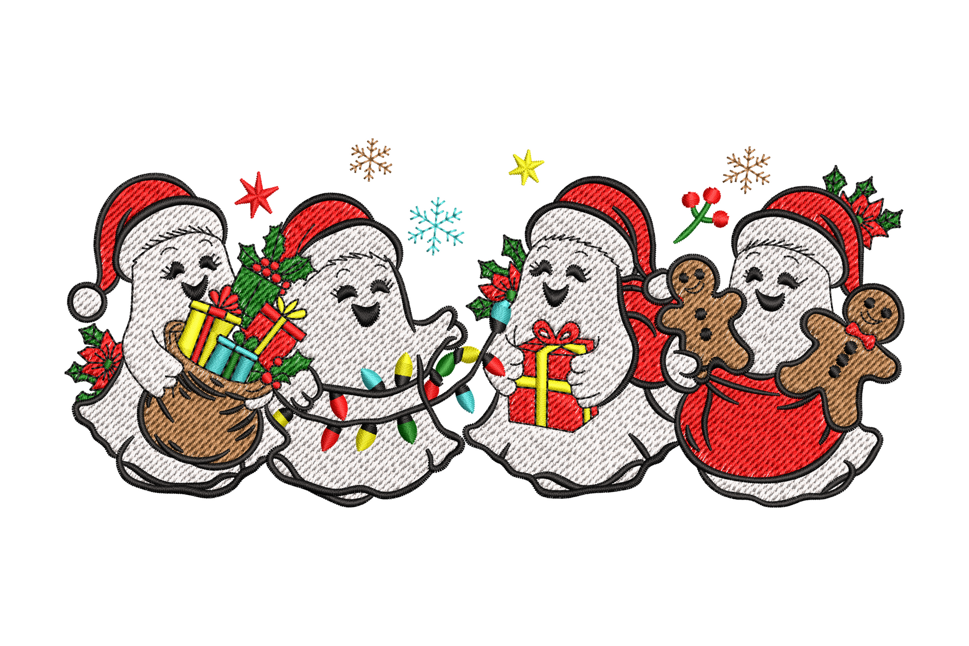 Christmas ghost friends embroidery, four white ghosts in red santa hats carrying holiday gifts and lights, 7 colours, 4 sizes