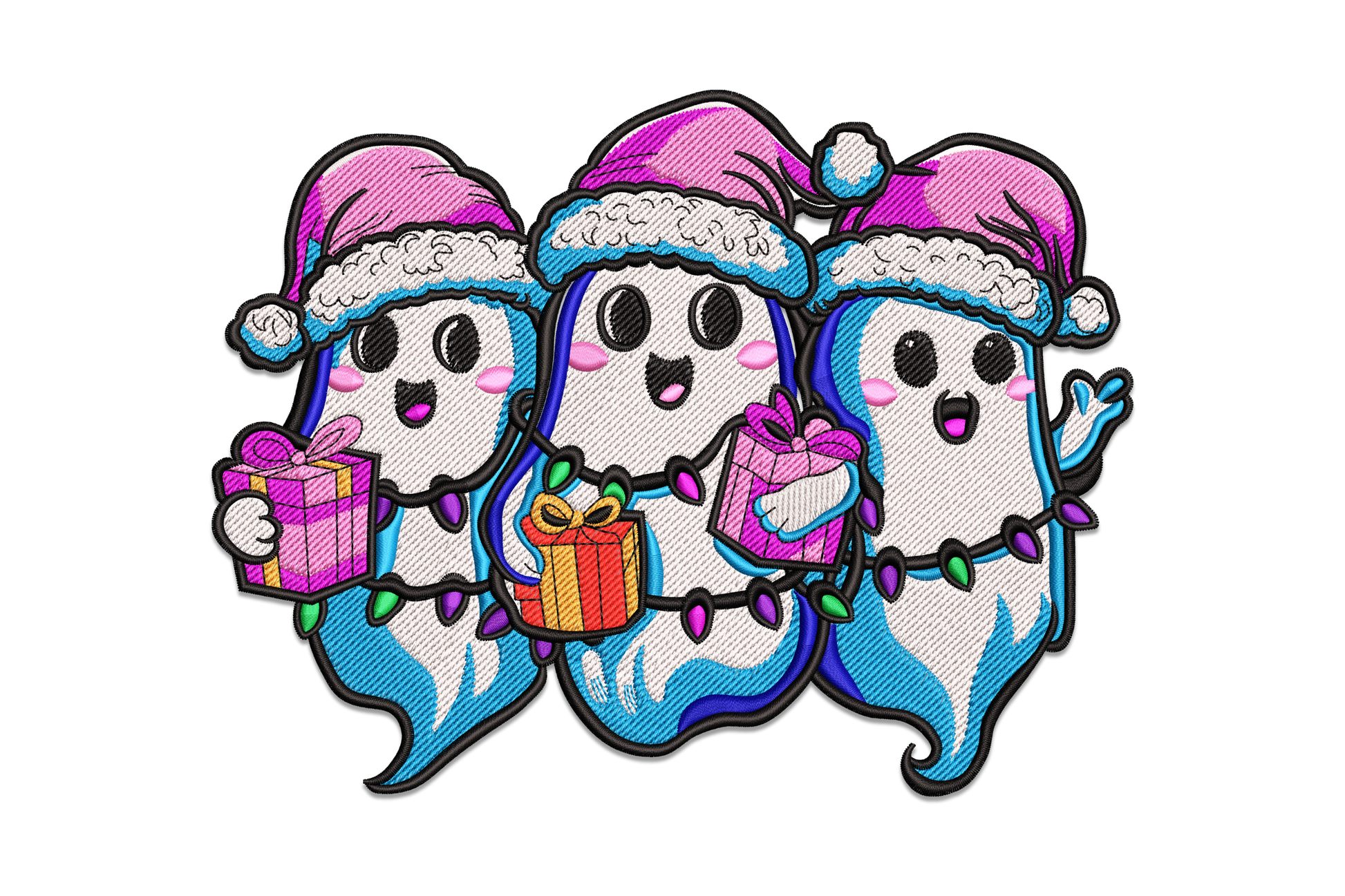 Cute christmas ghost trio embroidery with purple santa hats, pink cheeks, gift boxes and colourful string lights in kawaii cartoon style.