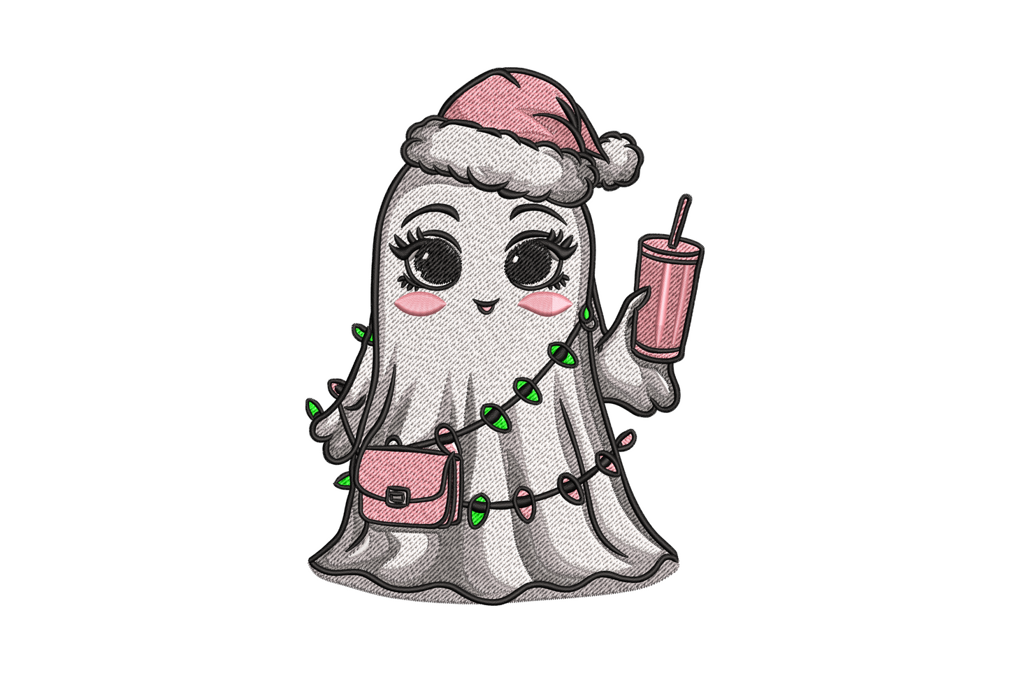 Cute kawaii christmas ghost with pink santa hat, green lights, iced drink and pink crossbody bag embroidery design