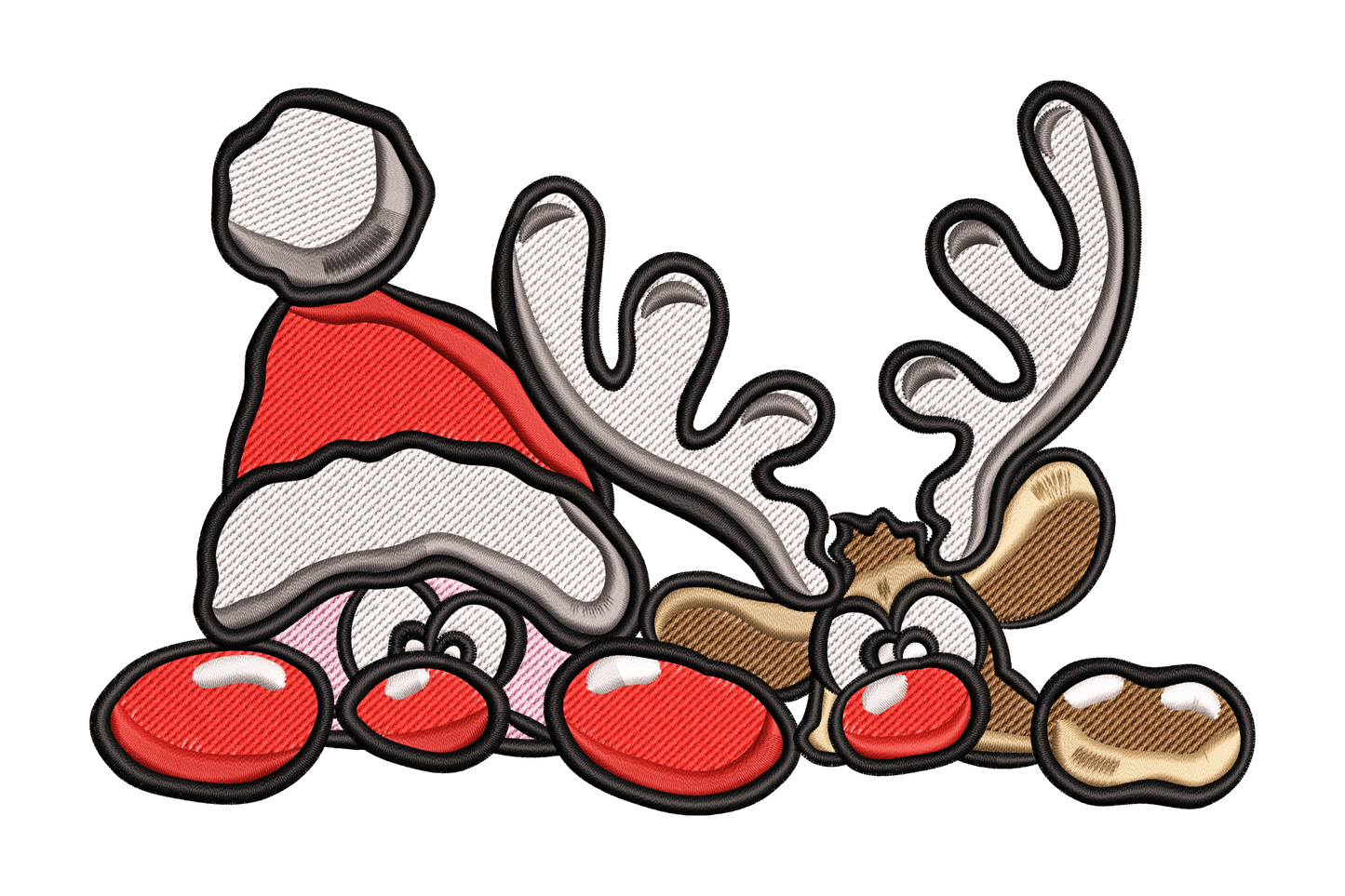 Machine embroidery of a Christmas gnome with striped pointed hat beside a reindeer face with red nose, folk-art holiday design
