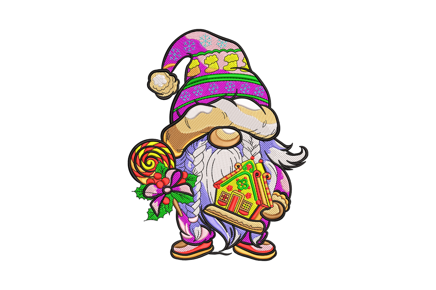 Chubby Christmas gnome embroidery design in tall purple hat holding red swirl lollipop and yellow gingerbread house, 12 colour holiday gnome pattern.